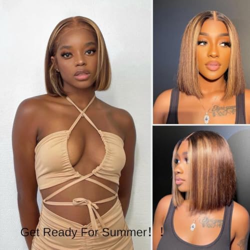 ALHER Short Bob Wig 4/27 Honey Blonde Highlight, 12A Straight Small Cap 13x4 Lace Frontal Wigs Human Hair Pre Plucked With Baby Hair, Small Cap Wig Size 21-21.5 180% Density for Black Women 10 Inch - Image 5