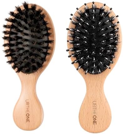 URTHEONE 2Pcs Mini Boar Bristle Hair Brush Set, Pocket Travel Brush by URTHEONE