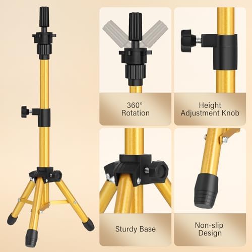 ZQIAN BEAUTY Wig Stand Tripod, 25 Inch Adjustable Mannequin Head Stand, Wig Head Stand for Training Heads And Canvas Block Head (Golden, Mannequin Head Not Included) - Image 4