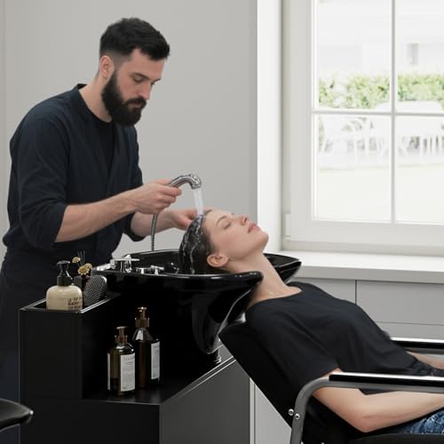 SyyBhb Black Shampoo Cabinet for Salon, Backwash Salon Storage Station with Shampoo Bowl and Reclining Chair - Image 2