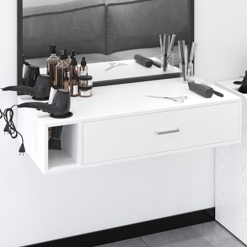 4ever2buy Wall Mount Salon Station for Hair Stylist, Hair Station with Drawer for Barber, Barber Stations for Beauty Salon Equipment with 3 Hair Dryer Holes, White by 4ever2buy