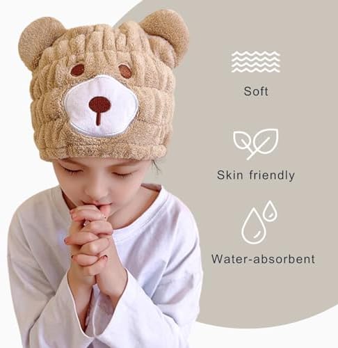 Microfiber Hair Towel Wrap for Kids, Brown Bear Toddler Quick Dry Cap - Image 4