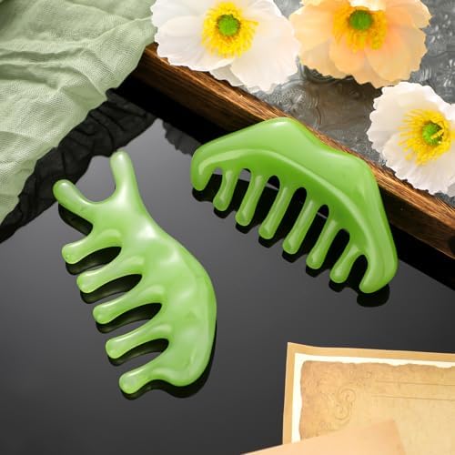 Geiserailie 2 Pcs Jade Combs Gua Sha Stone Scalp Massage Tool - Image 3