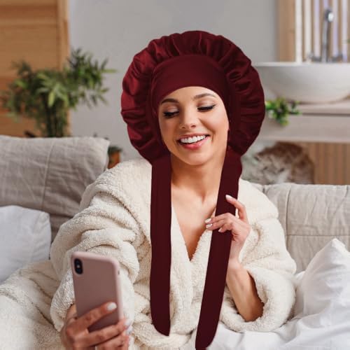 Silk Bonnet for Sleeping Women，Hair Bonnet for Sleeping Silk Night Cap for Curly/Natural Hair Skin Russet‌, Large - Image 4