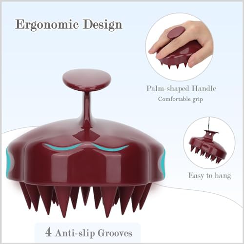 FREATECH Massager Shampoo Brush with Soft Silicone Bristles for Scalp Care, Shower Hair Scalp Scrubber Exfoliator for Dandruff Removal and Hair Growth, Wet & Dry for Men, Women and Kids, Red - Image 2