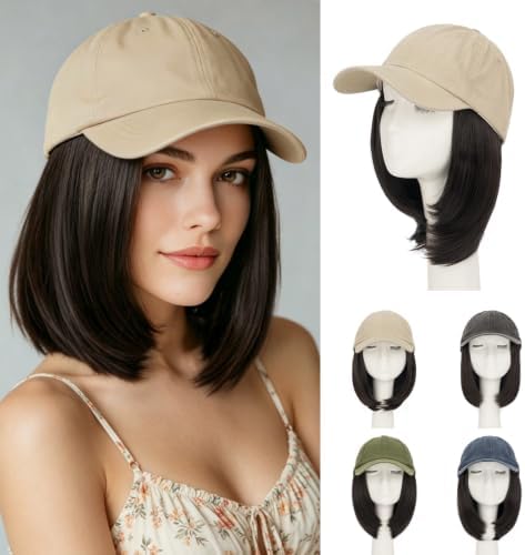 Rich Choices Hat Wigs for Women,Khaki Baseball Cap with Hair Extensions for Women,Short Bob Hairstyle Caps with Straight Synthetic Hair Attached Adjustable Baseball Cap Wig 6 Inch Dark Brown Hair by RichChoices