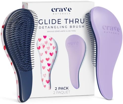 Crave Naturals Glide Thru Detangling Hair Brush for Adults and Kids - Detangler Hairbrush for Curly or Straight, Wet or Dry Hair - Gentle on Tangles Comb - Purple and Pink Hearts (Pack of 2) by CraveNaturalsDetanglingBrush