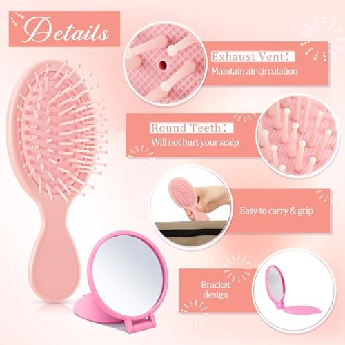 Meanplan 24 Pcs Mini Hair Brush Set 12 Travel Wet Dry Hair Combs Pocket Detangling 12 Compact Folding Makeup Mirrors for Spa Sleepover Birthday Bridal Shower Bachelorette Christmas Party Gift (Pink) - Image 3