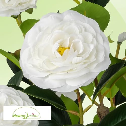 2 Pack Artificial Camellia Tree with White Pot, 24" Faux Potted Plants for Indoor Outdoor Decor, Tall Silk Greenery Plant for Home Office Living Room Balcony, White - Image 2