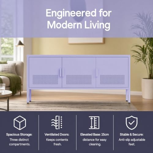 Metal TV Stand with 3 Ventilated Door, Short Steel Storage Cabinet with Adjustable Shelf, Low Airflow Steel Media Locker for Small Apartments Home Office Purple 22" H X 35.4" W X 13.8" D - Image 4