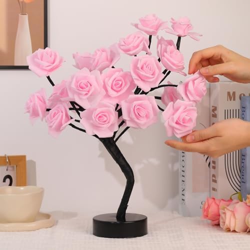Drawelry Rose Flower Tree Lamp - LED Rose Tree Table Lamp USB/Battery Powered Artificial Bonsai Flower Night Light for Bedroom Living Room Party Wedding Birthday Decor (Pink) - Image 5