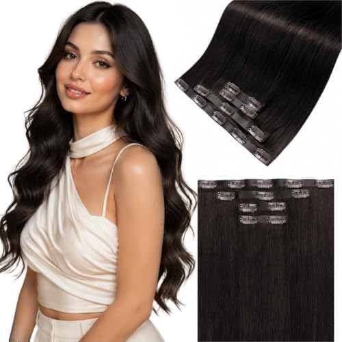 LaaVoo Seamless Clip in Hair Extensions Human Haie Brown Seamless Hair Extensions Clip in Brown Human Hair Clip on Extension Straight Soft 18Inch 4pcs 90g by LaaVoo
