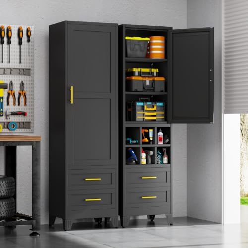 Tall Metal Narrow Storage Cabinet 67" H with 2 Drawer,Black Kitchen Pantry Cabinets with 2 Adjustable Shelves and Door,Cuby Storage Orgainzer,Tall Bathroom Cabinet for Kitchen, Home Office,Dining Room - Image 3
