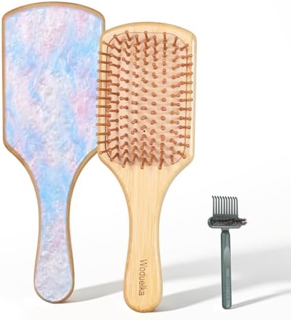 Bamboo Paddle Hair Brush for Women, Detangling & Scalp Massage by Woduelka