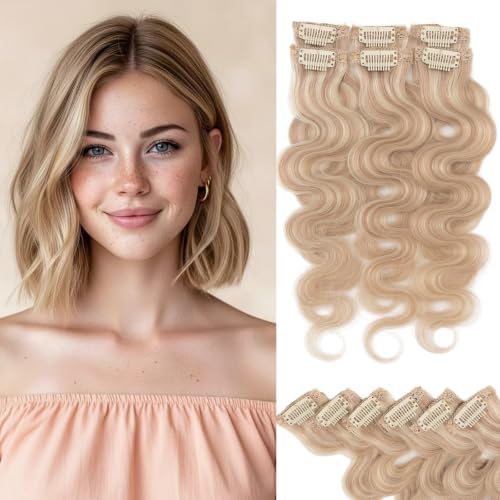 Rich Choices Clip In Hair Extension Real Human Hair-Wave/Curly 6 Pcs Single Clip Hairs Extension for Women-Invisible Mini Clips in Hairpieces-14 Inch #22BP613 Champagne Blonde Balayage by RichChoices