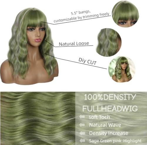 Sebast Pastel Bob Wigs with Bangs for Women Loose Wavy Wig Pastel Wavy Shoulder Length Bob Synthetic Cosplay Wig for Girl Colorful Costume Wigs (Sage Green pink Highlight) - Image 3
