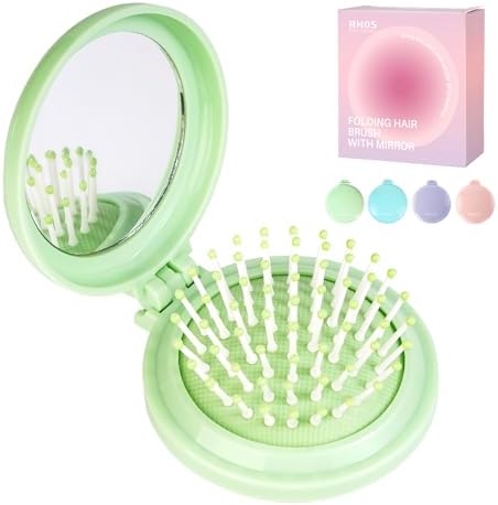 RHOS Folding Brush with Mirror - Compact, Portable and Foldable for Travel, Suitable for Women, Men, and Kids (Green) by RHOS