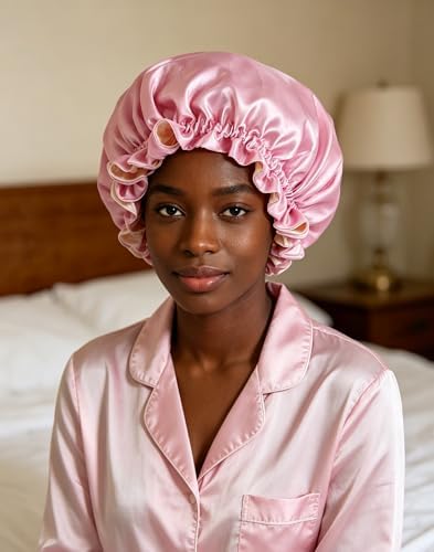 Satin Bonnet for Sleeping Women Wide Elastic - Double Layer Satin Bonnet Hair Bonnet Night Sleep Cap for Curly Hair - Image 4