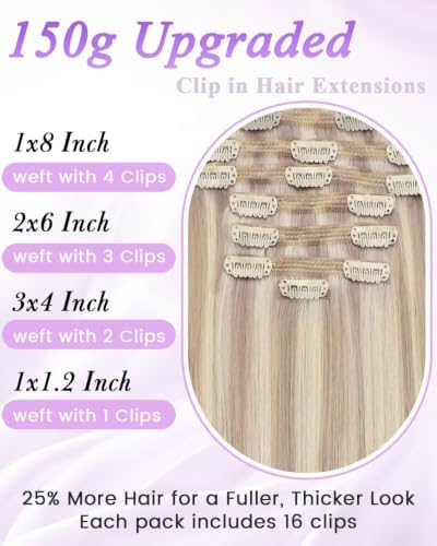 LaaVoo 150g Hair Extension Clips with Human Hair Ash Blonde 22 Inch - Image 2