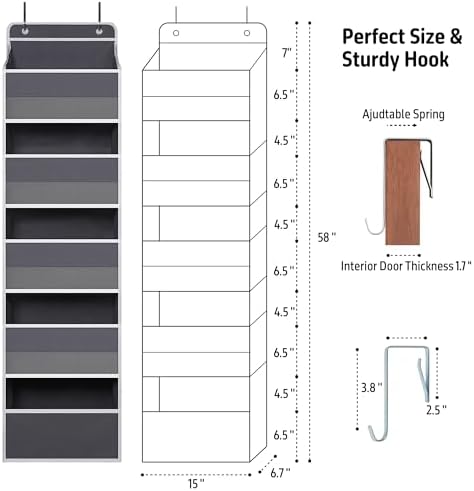 TYMENSH Over the Door Organizer for Bedroom Bathroom Pantry, 5 Shelf Gray - Image 3