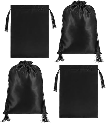 4Pcs Wig Storage Bags,Satin Bags with Drawstring Tassel Silk Wig Bag Hair Bag Storage for Multiple Wigs,Bundles,Hair Extensions(Black) by Unknown