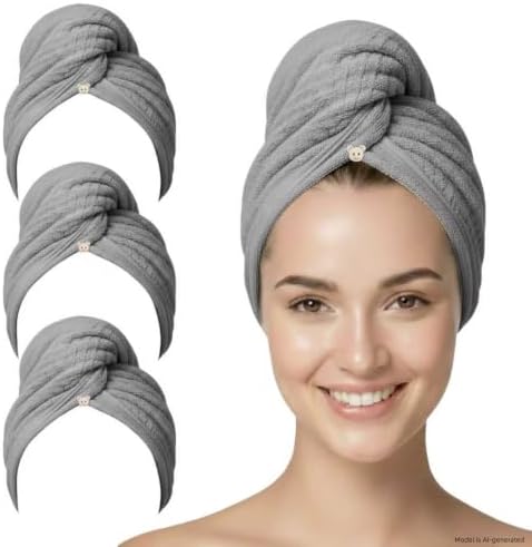 3 Pack Microfiber Hair Towel Wrap for Women, Fast Drying Hair Turban with Button, Anti-Frizz Large Hair Towel for All Hair Styles, Soft & Absorbent Hair Drying Towel by YHPDYL