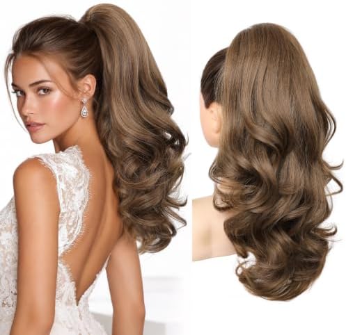 REECHO Ponytail Extension, 18" Clip in Ponytail Hair Extensions for Women, Short Wavy Synthetic Pony Tail Hairpiece for Daily Wear-Light Brown by REECHO