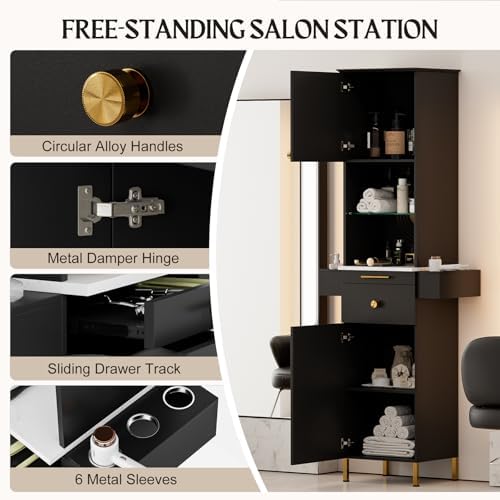 Beauty Salon Station, Hair Salon Station w/Glass Shelf & Golden Handles, Stylist Station for Salon w/6 Hair Dryer Holders, 2 Storage Cabinet & Drawers(Black) - Image 6