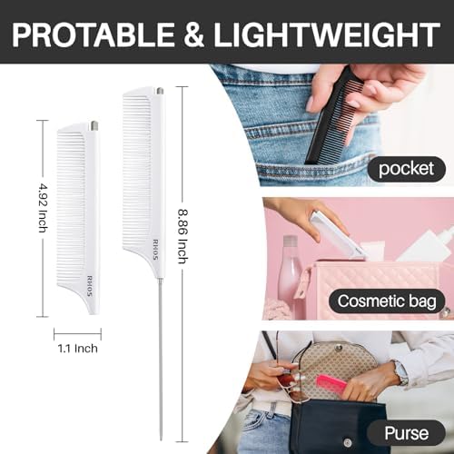 RHOS Carbon Retractable Rat Tail Parting Comb - Portable Fine Tooth Teasing Comb for Styling, Hair Cutting, Braiding with Stainless Steel Pin Tail - White - Image 3