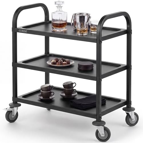 CURTA Black Stainless Steel Serving Cart, 3-Tier Rolling Utility Trolley (30"x16"x33"), Heavy Duty Painted Kitchen Cart on Wheels with Brakes, Commercial Grade for Restaurant, Hotel, Salon & Lab by CURTA
