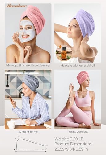 Hicober Microfiber Hair Towel Wrap for Women, Pink Purple Grey, 3-Pack - Image 5