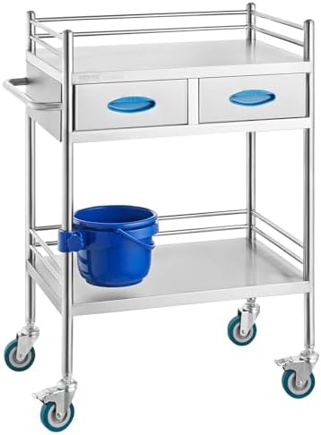 VEVOR Lab Serving Cart Utility Cart Stainless Steel Medical Cart with Two Drawers for lab Equipment Use Grade I Stainless Steel Utility Services (2 Shelves/ 2 Drawer) by VEVOR
