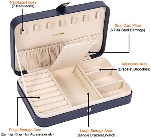 LANDICI Small Jewelry Box for Women Girls, PU Leather Travel Jewelry Case, Portable Jewelry Organizer Storage Holder Display for Ring Earrings Necklace Brooch Men Kids Gift, Dark Blue - Image 3
