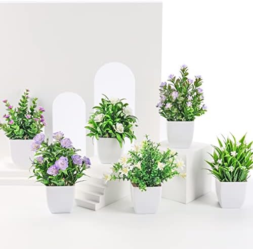 Der Rose 6 Pack Small Fake Plants with Flowers, Spring Home Bathroom Decor by DerRose