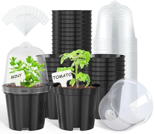 homenote 4 Inch Black Nursery Pots with Humidity Domes and Labels (30 Pcs) by HOMENOTE