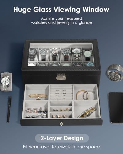 Kukikan Mens Watch Box Jewelry Organizer,12-Slot 2-Layer Watch Case -Grey - Image 2