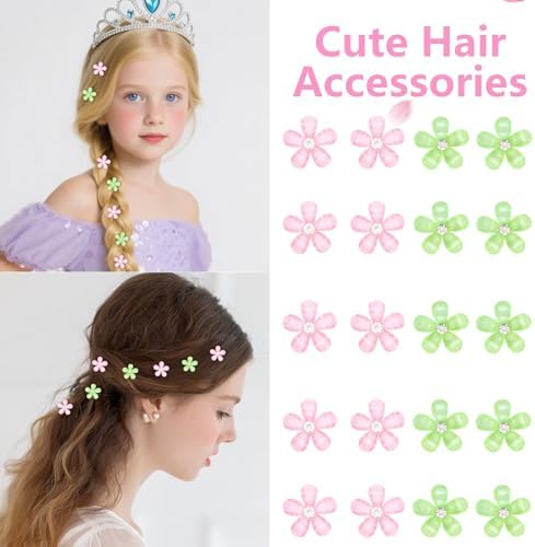 YISSIOBN Light Pink & Bright Green Mini Flower Hair Clips for Women & Girls, 20Pcs Dual-Color Floral Hair Barrettes with Crystal, Versatile Hair Accessories for Wedding Prom Party Daily Hairstyling - Image 3