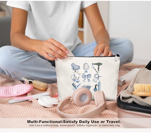 Blue Chinoiserie Bow Hairstylist Makeup Bag, Cosmetology Student Gift for Women, Cute Hairdresser Travel Pouch, Aesthetic Blue Toile Salon Organizer for Teen Girls, 7.5 x 10 in - Image 6