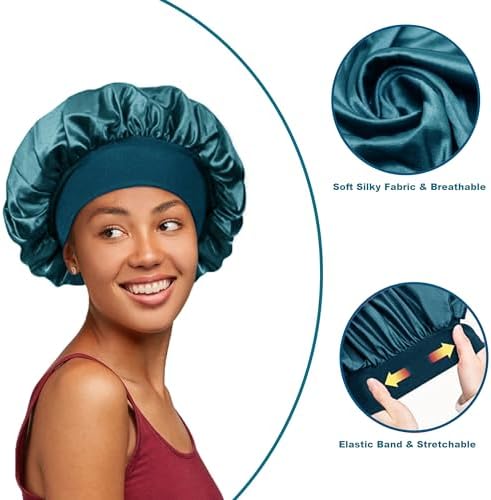 12 Pieces Silk Bonnet for Women Curly Hair Satin Bonnet Hair Wrap for Sleeping Cap with Tie Band (Blue Zircon) - Image 2