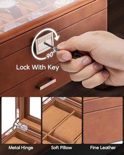 VLANDO Watch Box for Men, 10-Slot 2-Layer Watch Case with Glass Lid, Lockable Textured Leather Display Organizer with Drawer for Rings Glasses Cufflinks, Watch Holder for Dad Husband Collector, Brown - Image 2