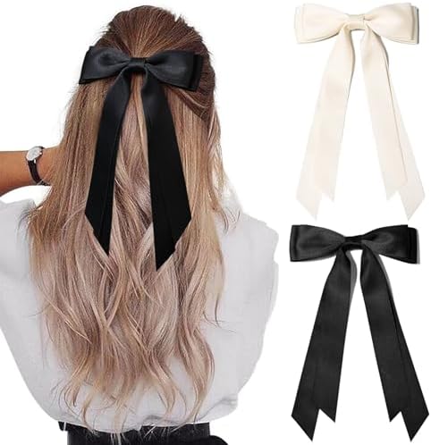 2PCS Hair Bows Hair Clip Beige Black Hair Ribbon Ponytail Holder Accessories Slides Metal Clips Hair Bow for Women Girls Toddlers Teens Kids by AILEAM