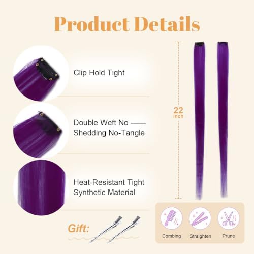 Purple Colored Clip in Hair Extensions, Synthetic Hair for Girls - Image 4