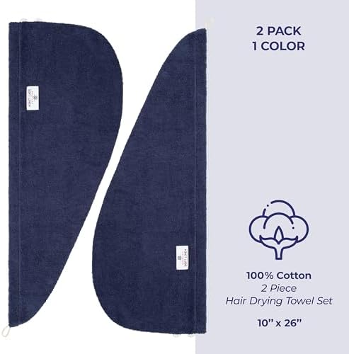 American Soft Linen 100% Cotton Hair Towels for Women, Head Towel Cap, Cotton Hair Turban Towel Wrap for Long Curly Anti Frizz Hair, Soft and Absorbent Cotton Hair Towels 2 Pack, Navy Blue - Image 4