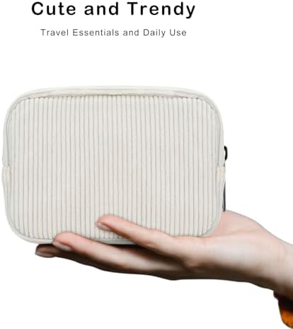 E-Tree Cute Small Makeup Bag,Cosmetic Toiletry Make up Little Items Pouch for Purse,Zipper Mini Tech Charger Cable Electronic Organizer Case,Travel Accessories for Women Men Teen,White Corduroy - Image 3