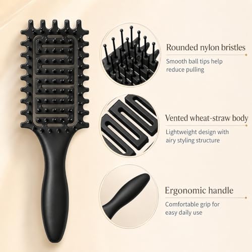 Curl Defining Brush for Curly Hair, Vented Detangling Hair Brush for Wet and Dry Styling, Curved Brush for Shaping and Smoothing Curl Clumps, Lightweight Hair Brush (2Pcs Black) - Image 2