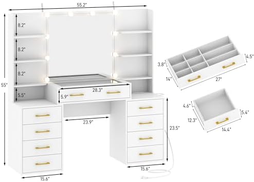 jiteentarou Vanity Desk with Mirror and Lights, 55" Extra Large Makeup Vanity with 9 Drawers, Makeup Table with Charging Station and Hairdryer Holder, Modern Dressing Table for Bedroom, White - Image 2