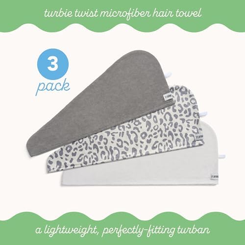 Turbie Twist Microfiber Hair Towel, Light, Dark Grey, Snow Leopard (3 Pack) - Image 3