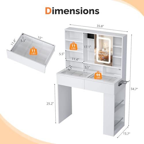 VINGLI Vanity Desk with Sliding Mirror and Lights, Glass Top Makeup Vanity Table w/Shelves & Hidden Jewelry Storage & Power Outlets & Hairdryer Holder,54in White Dressing Table Gifts Girls - Image 7