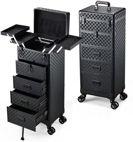 Stagiant Rolling Makeup Case with Drawers Cosmetology Case on Wheels 5 IN 1 Makeup Case 4 Drawers with Foot Stand Spring-release Mechanism Rolling Make Up Organizer for Artist Salon Nail Teach Trunk by Stagiant