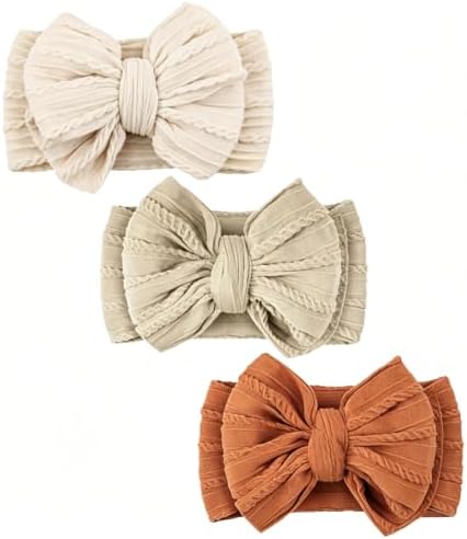 Baby Bows Headbands Soft Nylon Handmade Hair Accessories for Newborn Infant Toddler Kids (3 Mixed Brown, Large) by YWAOAIJD